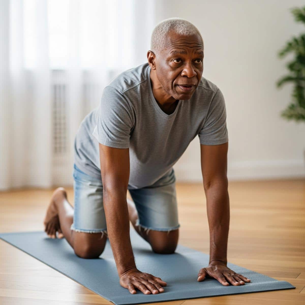 Older man kneeling on a yoga mat in his living room performing a hip flexor lunge stretch, full-body centered view with softly blurred room behind him