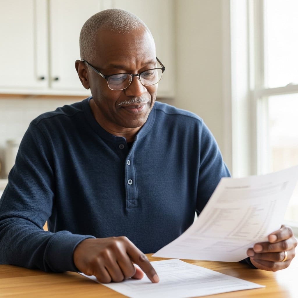 Older man in reading glasses sitting at a kitchen table reviewing a printed lab results sheet, waist-up centered view