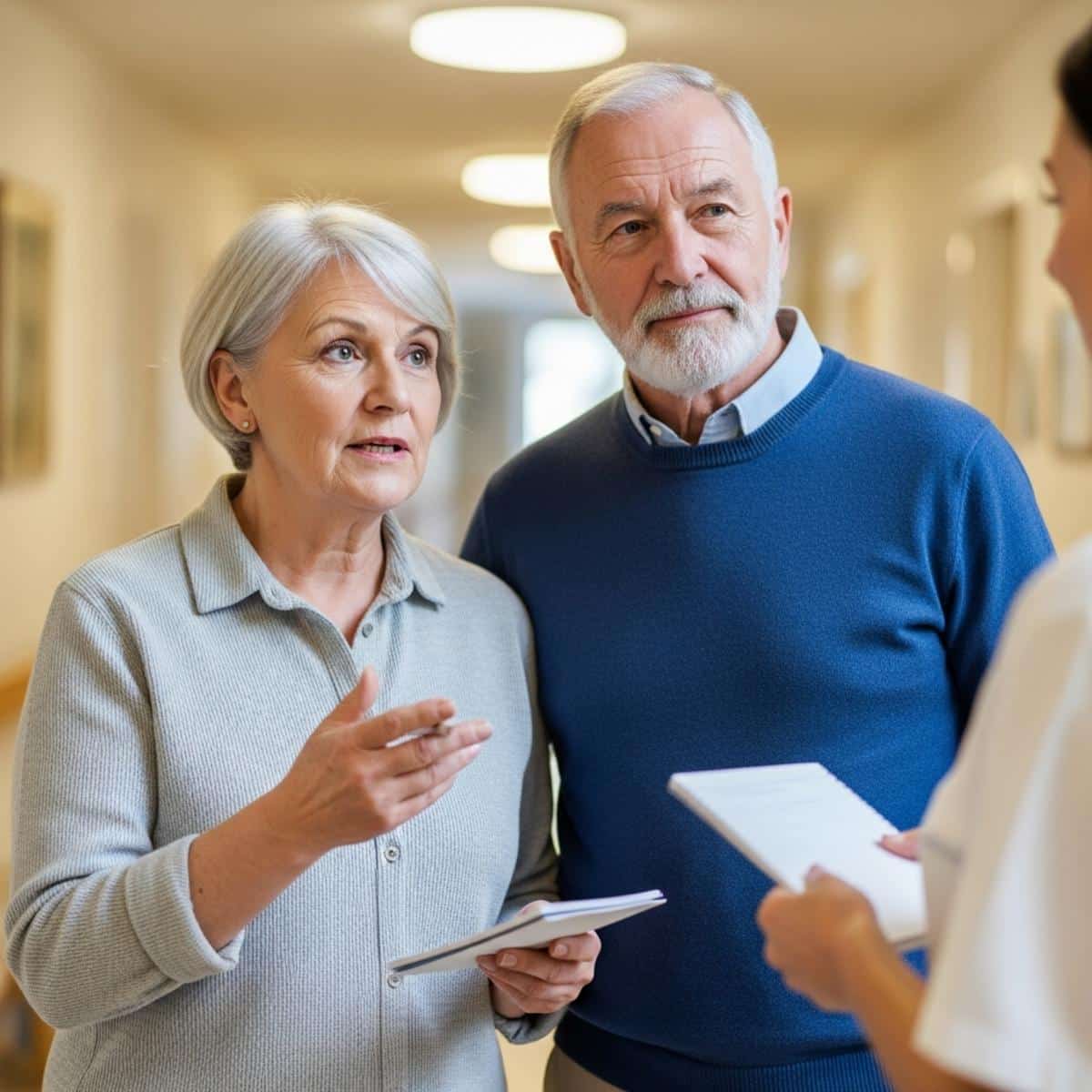 Older couple standing in a nursing home hallway, woman gesturing while speaking with a notepad in hand, waist-up centered view