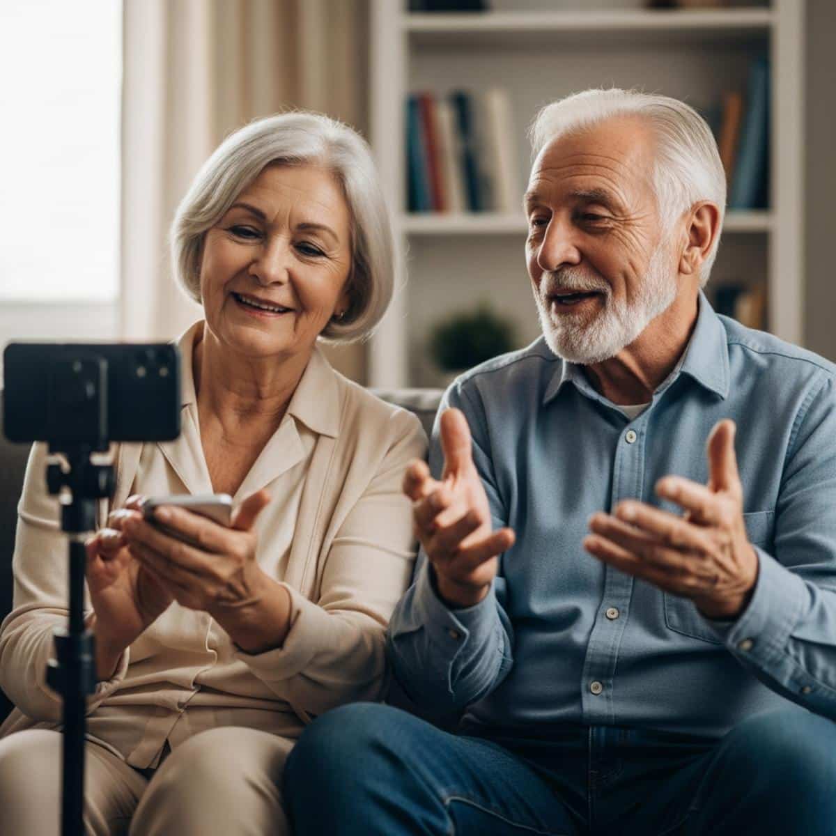Older couple sitting on a living room sofa, woman holding smartphone to record while man gestures and speaks warmly, waist-up centered view