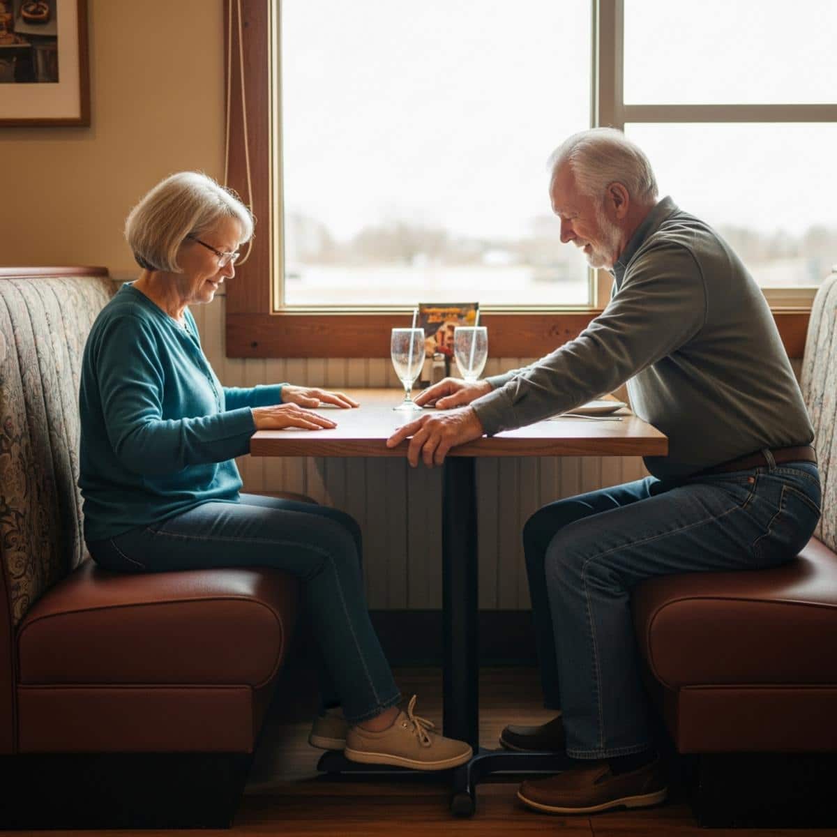 Older couple settling into a restaurant booth, woman sliding in and man lowering himself using the table edge, full-body centered view