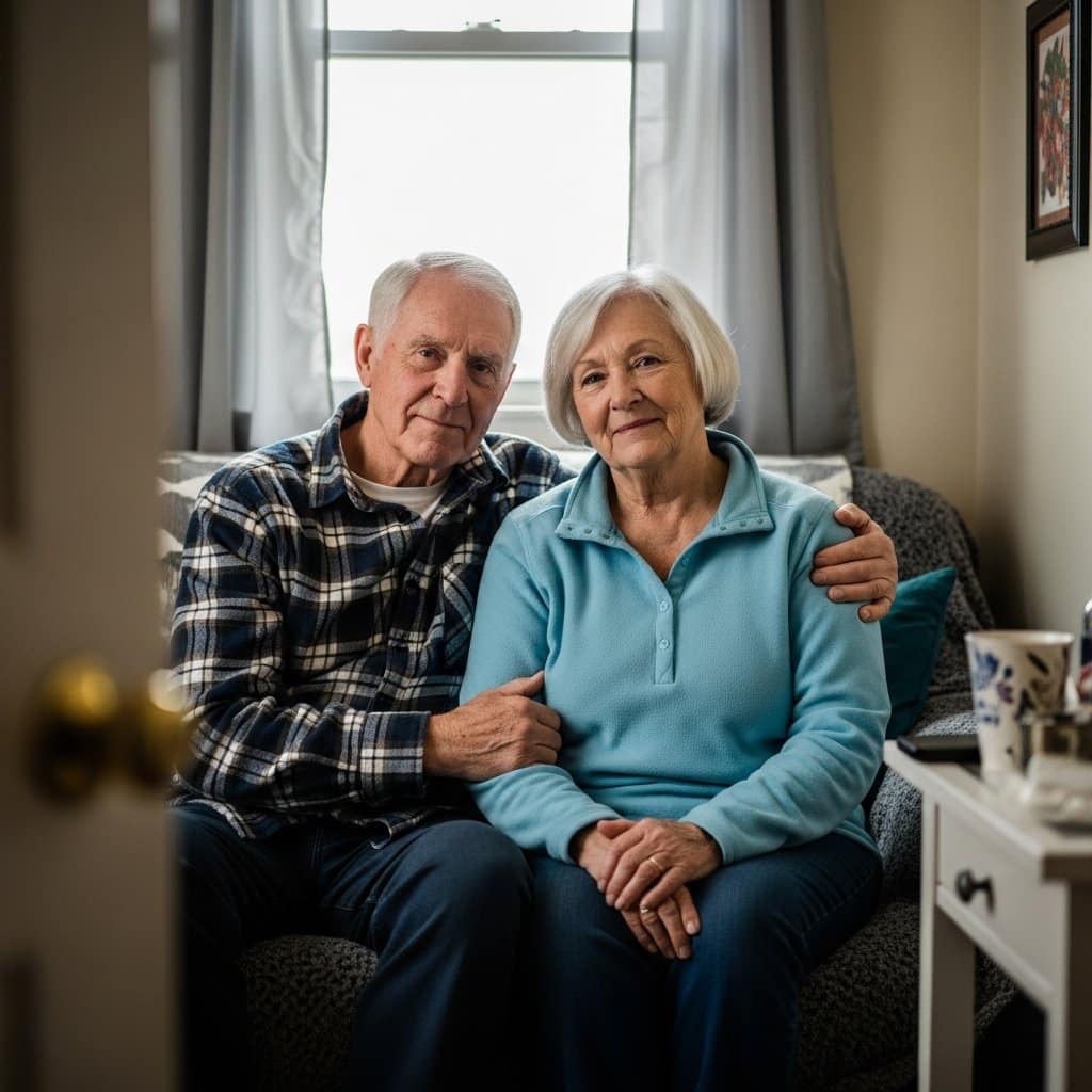 Older couple sitting close together on a loveseat in a small personal room, man's arm around woman's shoulder, waist-up centered view