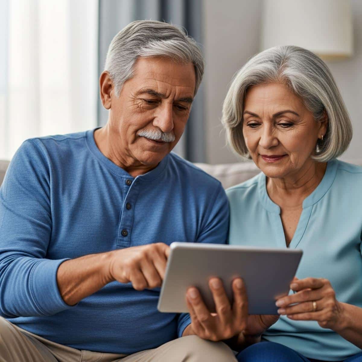 Older couple sitting side by side on a couch looking at a tablet together with engaged expressions, waist-up centered view with blurred screen