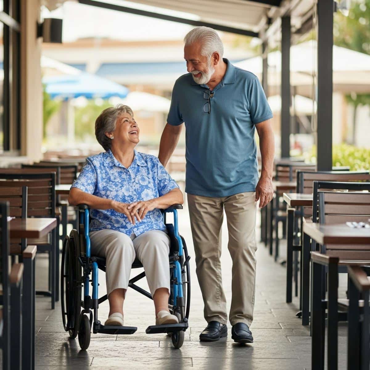 Older couple at an accessible outdoor restaurant table, one partner in a manual wheelchair, both laughing and sharing a meal, full-body centered view