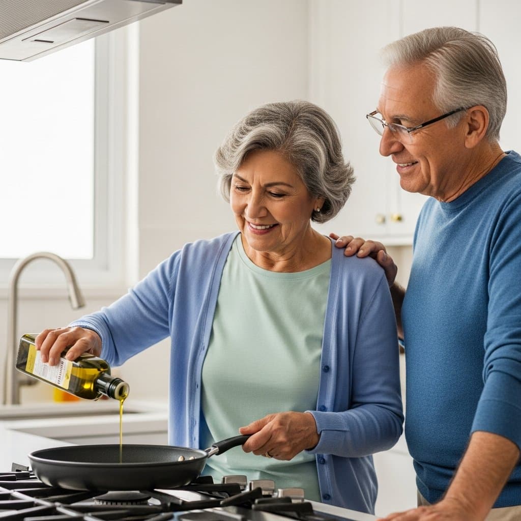 Older couple cooking together at a stove, woman drizzling olive oil into a pan while man watches warmly, waist-up centered view