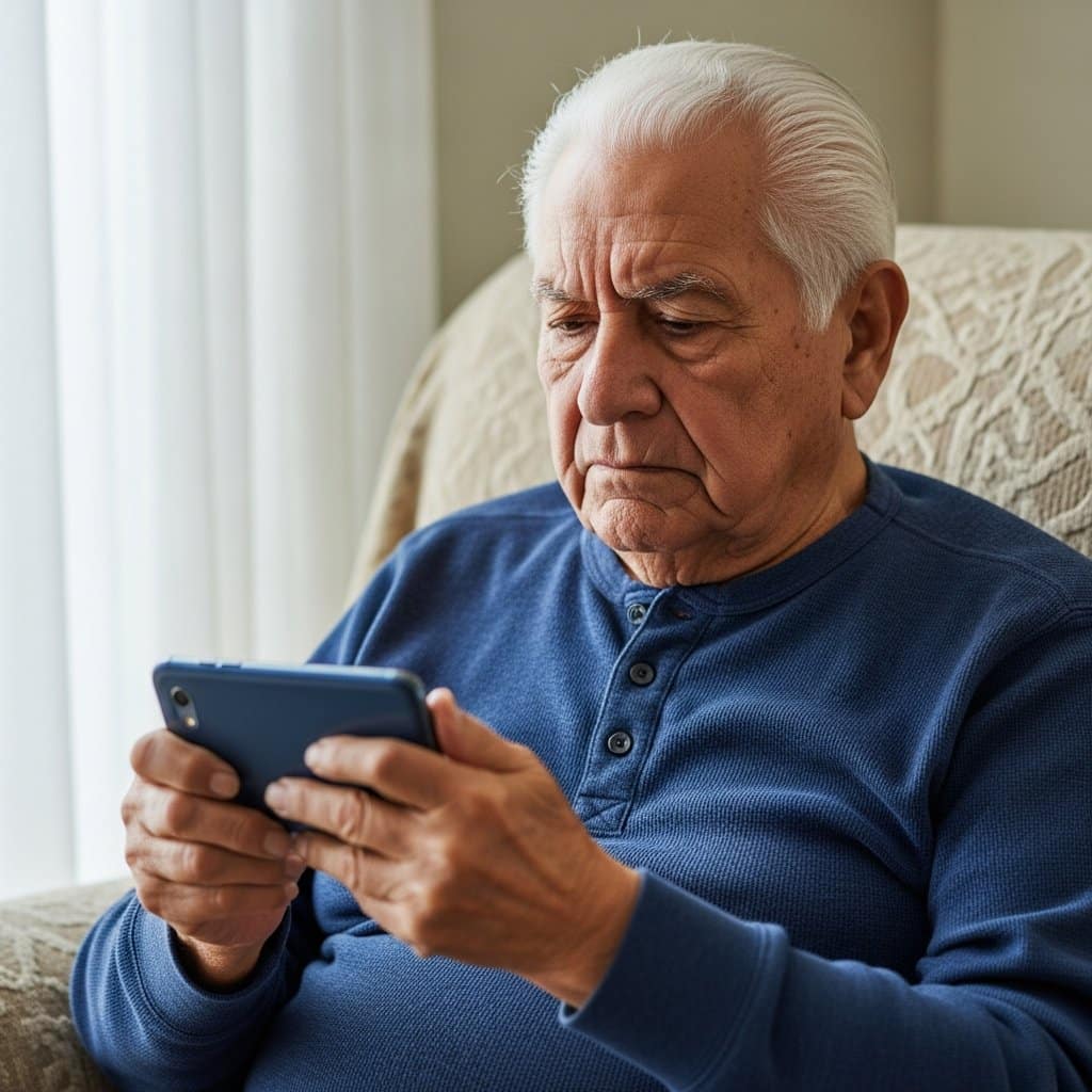 Older man sitting in an armchair pressing the side buttons of an Android smartphone with focused expression, waist-up centered view
