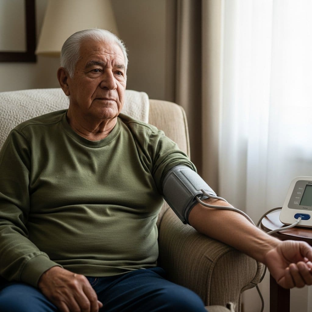 Older man seated in an armchair with an upper-arm blood pressure cuff on his left arm and a monitor on the side table beside him, waist-up centered view