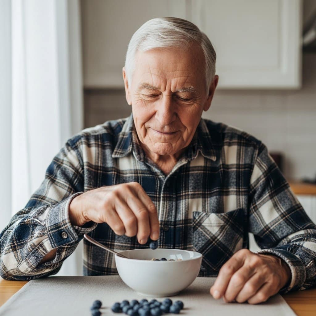 Older man dropping blueberries into a bowl of oatmeal at a kitchen table, waist-up centered view