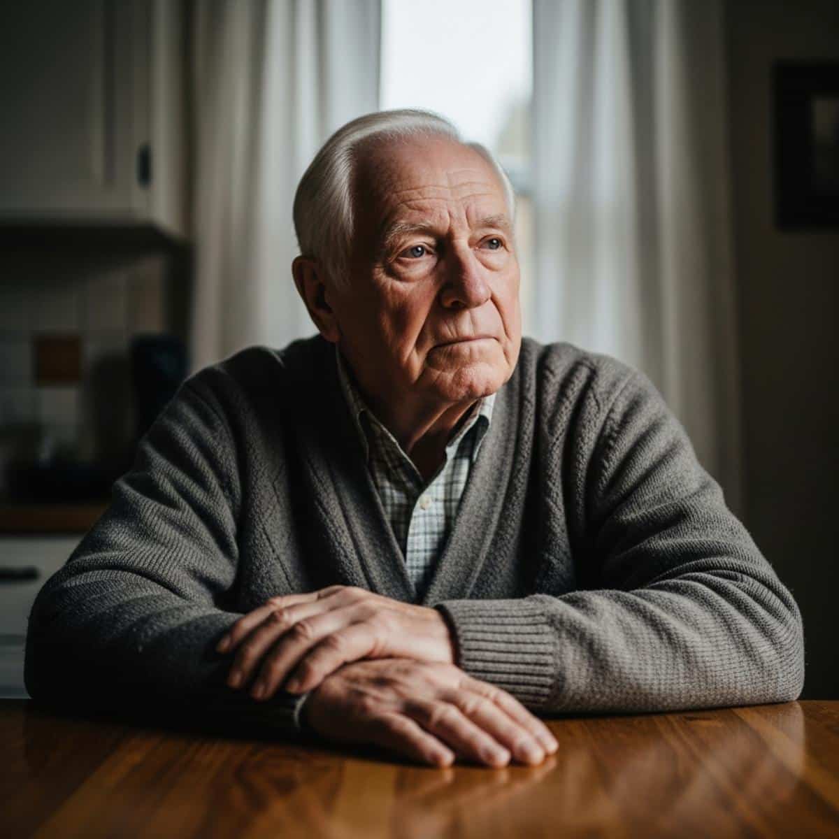 Older man sitting alone at a kitchen table in the evening with forearms on the surface and gaze drifting past the window, expression of quiet internal distance, waist-up centered view