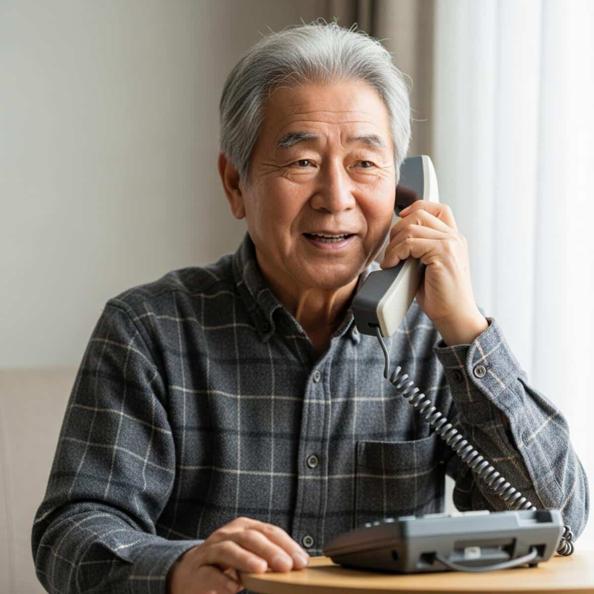 Older man holding a large-button amplified telephone handset to his ear while seated at a side table, waist-up centered view