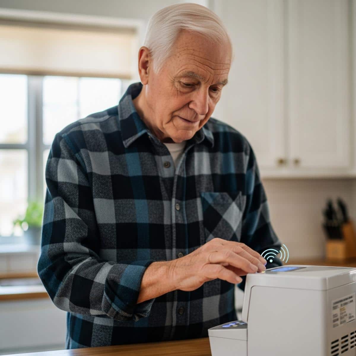 Older man in a flannel shirt resting his hand on an automatic pill dispenser on a kitchen countertop, waist-up centered view