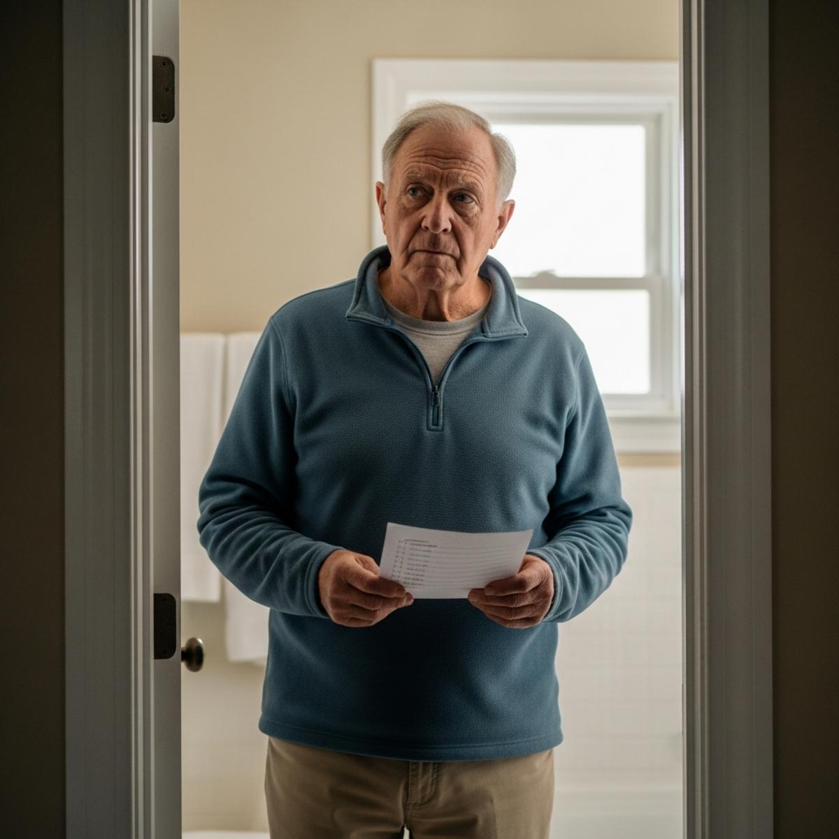Older man standing in a bathroom doorway holding a paper checklist while evaluating the room with a thoughtful expression, waist-up centered view