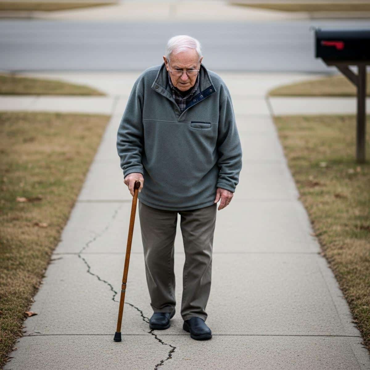 Older man using a cane walking slowly along a cracked concrete path toward a mailbox, looking down carefully at the pavement, full-body centered view