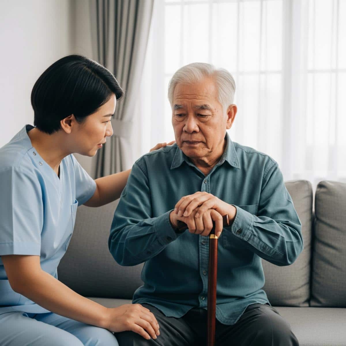 Older man with cane seated across from a concerned family member in a living room, waist-up centered view