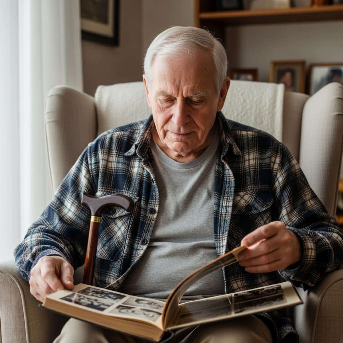 Older man with cane propped beside him turning pages of a family photo album in an armchair, waist-up centered view
