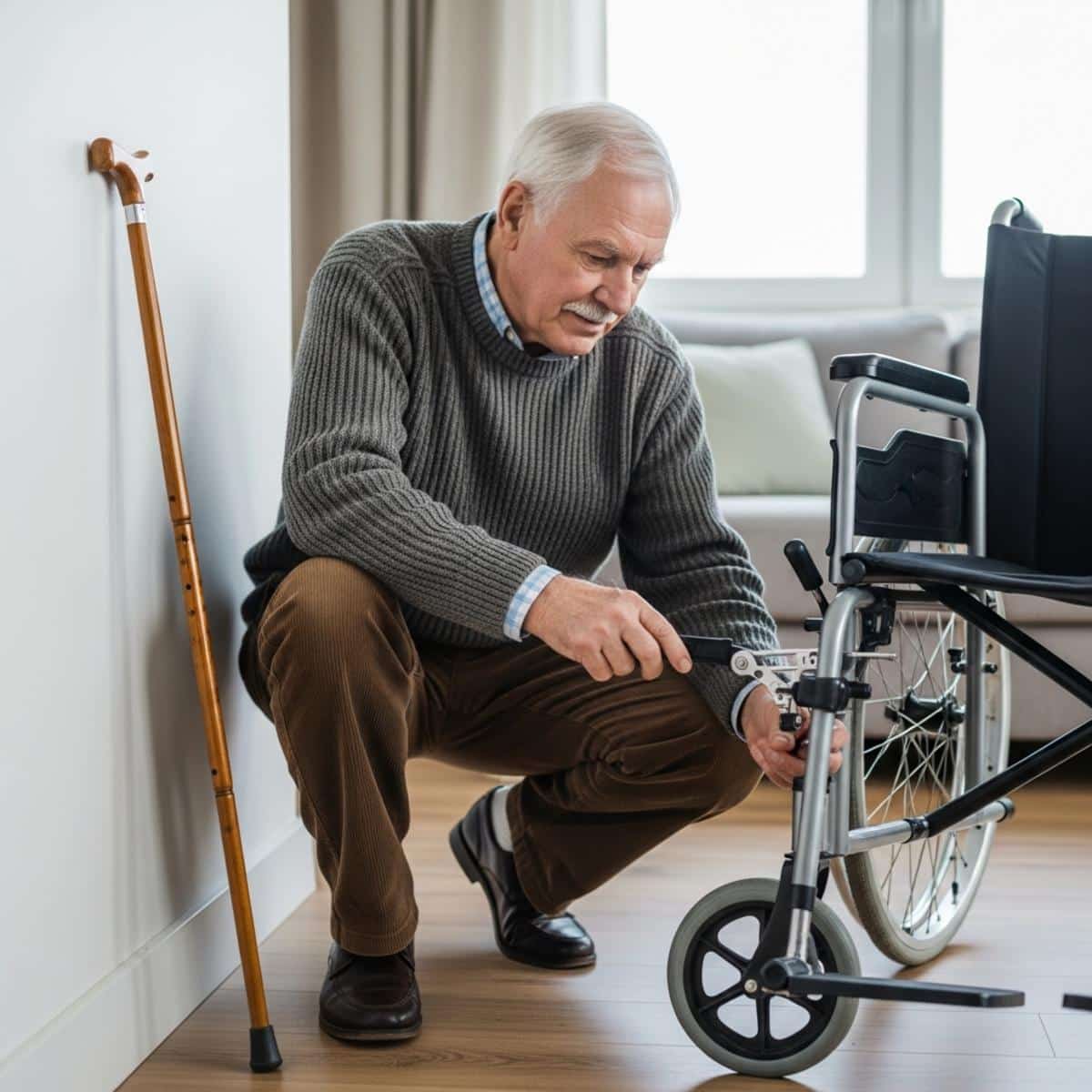 Older man with cane crouching to examine a wheelchair brake in a living room, full-body centered view with cane and wheelchair visible