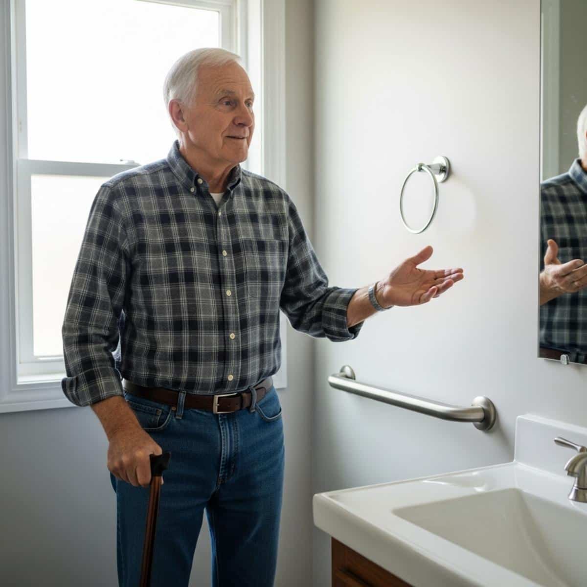 Older man with a cane gesturing toward a newly installed grab bar near a bathroom vanity, waist-up centered view