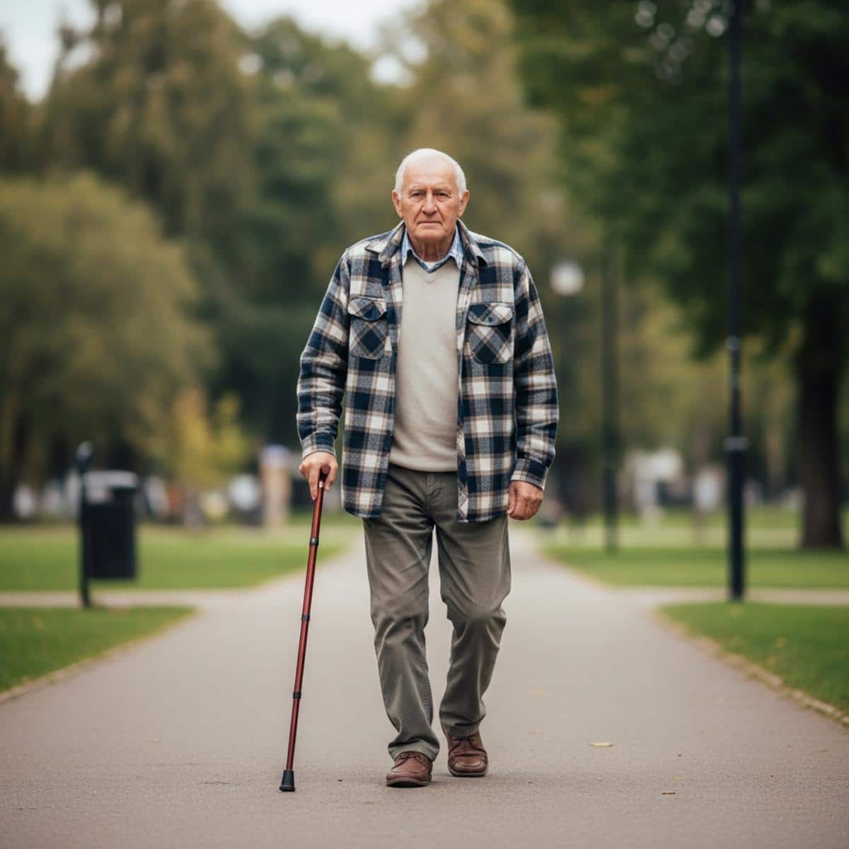 Older man with a cane walking steadily along a flat paved park path with upright posture, full-body centered view