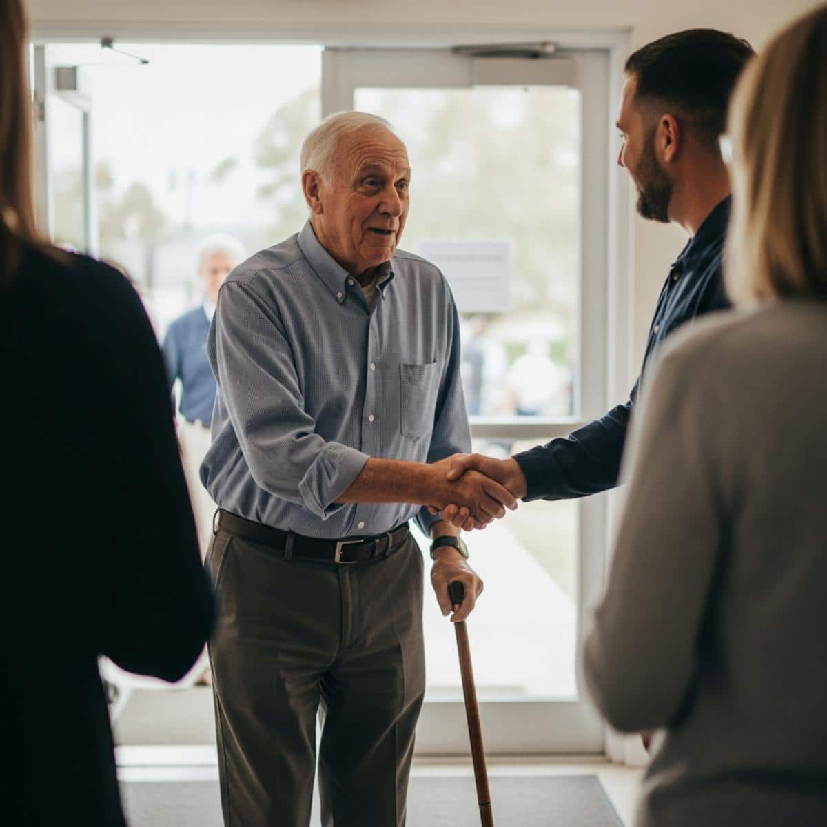 Older man using a cane shaking hands warmly at the entrance of a gathering space, full-body centered view
