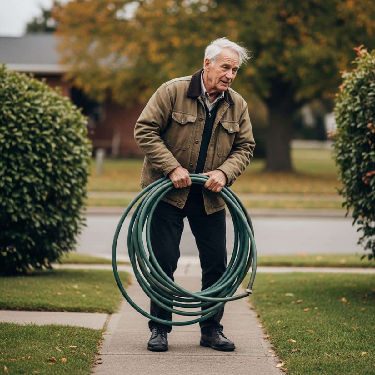 Older man coiling a garden hose and carrying it away from a front walkway on a cloudy autumn day, full-body centered view