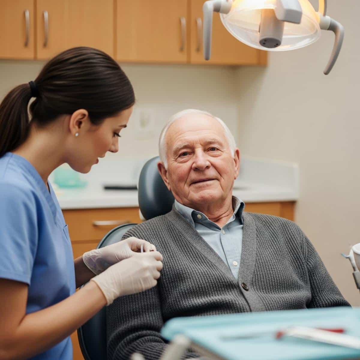 Older man seated in a dental chair with a hygienist leaning in attentively, waist-up centered view in a softly lit clinical room