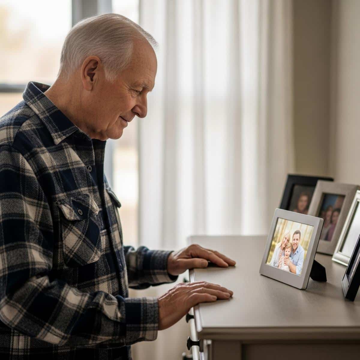 Older man standing at a dresser looking at a glowing digital photo frame displaying family images, with additional framed photos softly blurred in the background, waist-up centered view