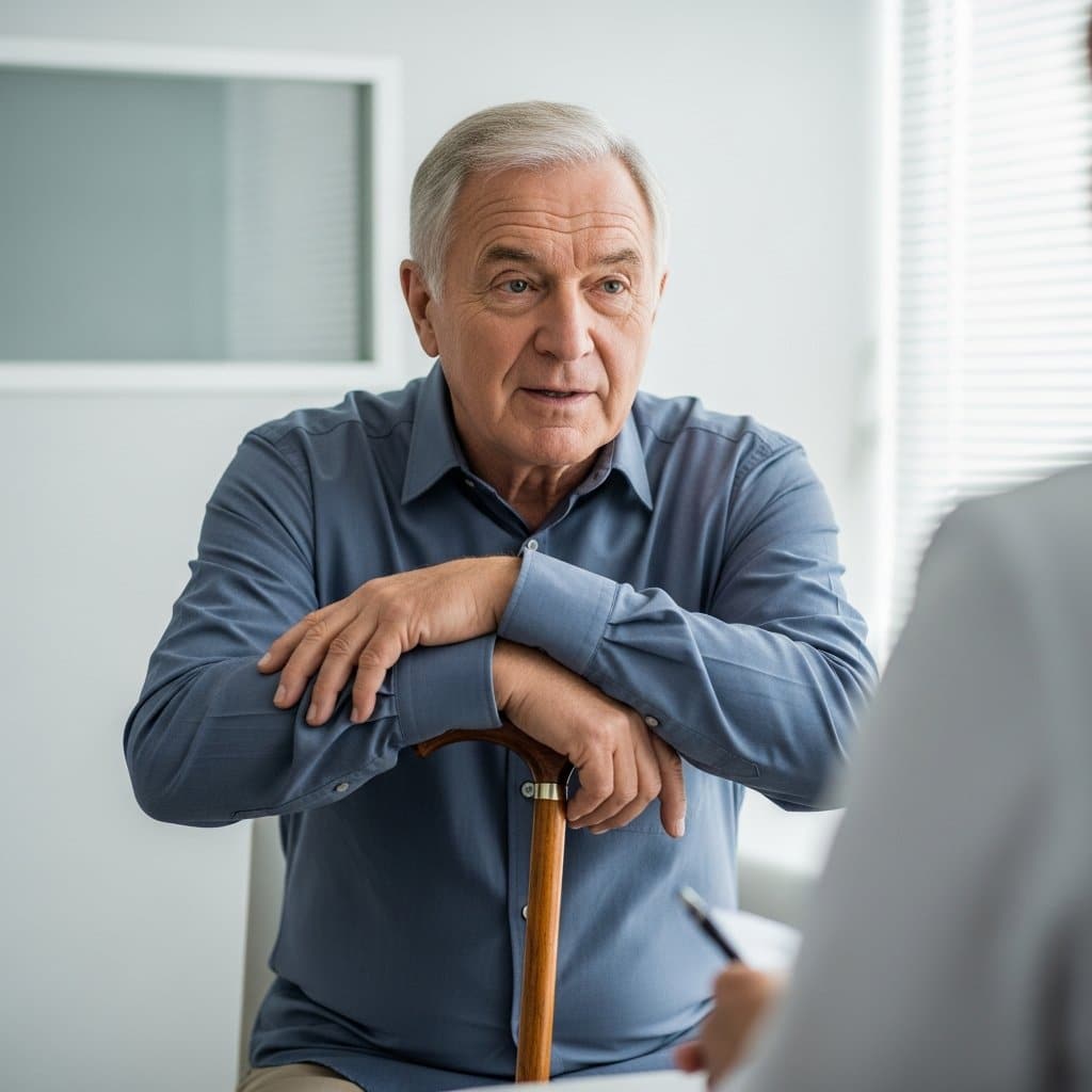 Older man with a cane leaning forward attentively during a doctor's consultation with a thoughtful engaged expression, waist-up centered view