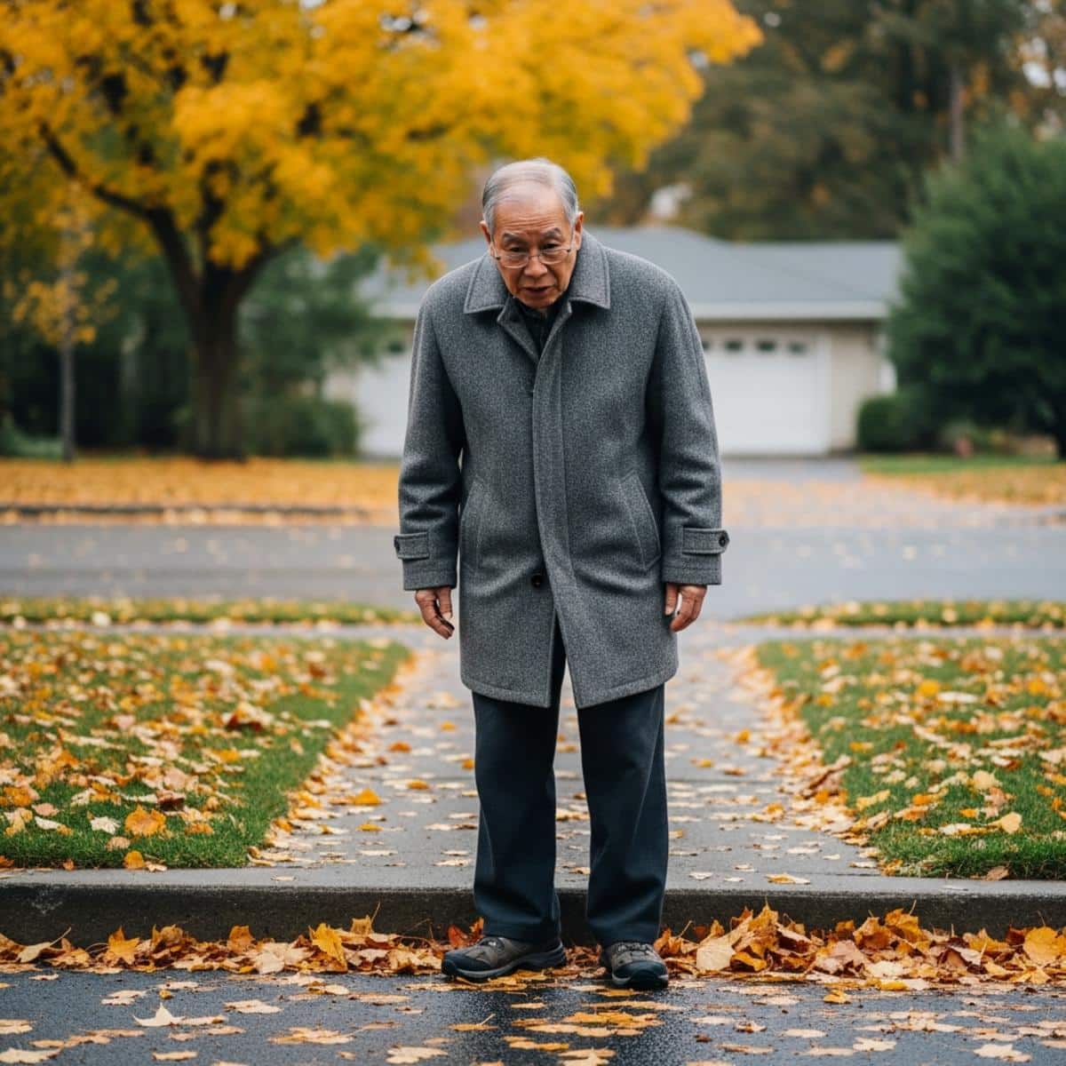 Older man standing on a walkway and looking down at wet fallen leaves covering a raised concrete slab edge, full-body centered view