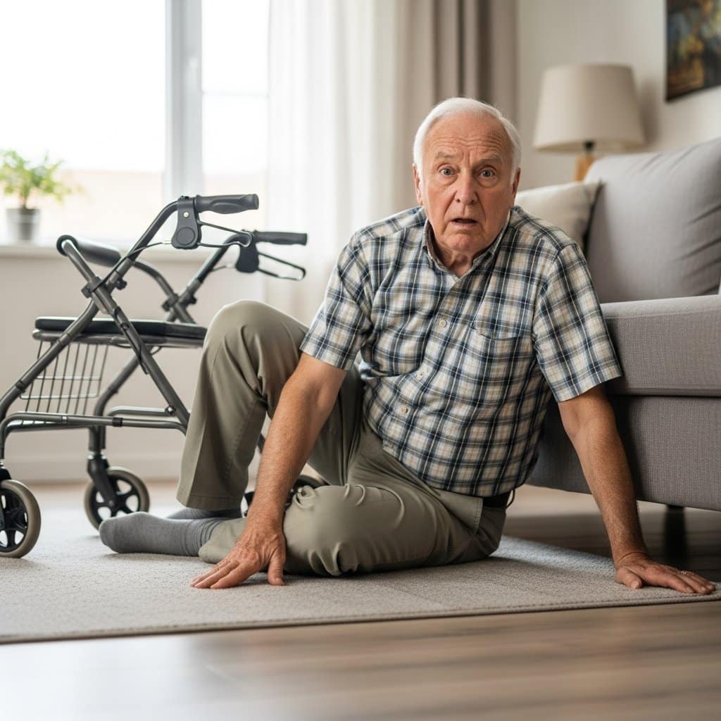 Older man seated on living room floor with back against sofa and an overturned walker beside him, looking dazed, full-body centered view