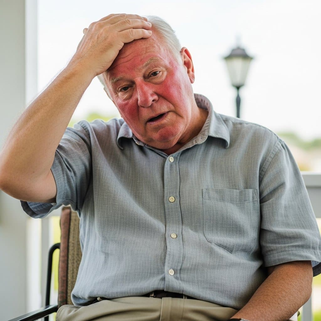 Older man seated on a shaded porch pressing his hand to his forehead with a flushed and fatigued expression, waist-up centered view