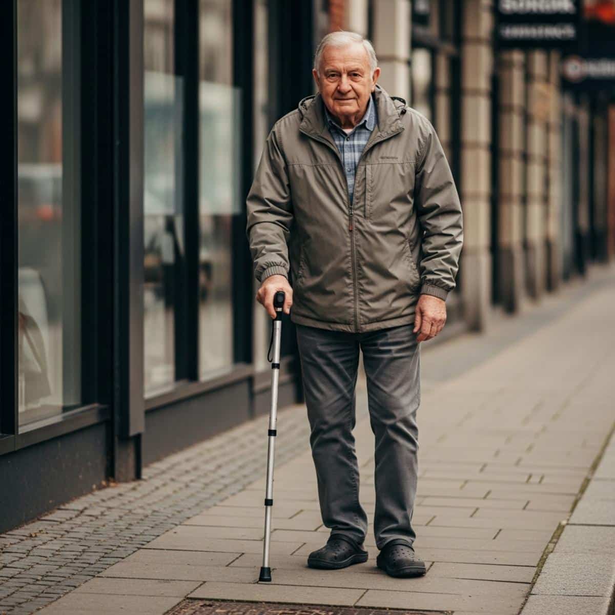 Older man using a lightweight folding walking cane on an uneven outdoor sidewalk near a storefront, full-body centered view