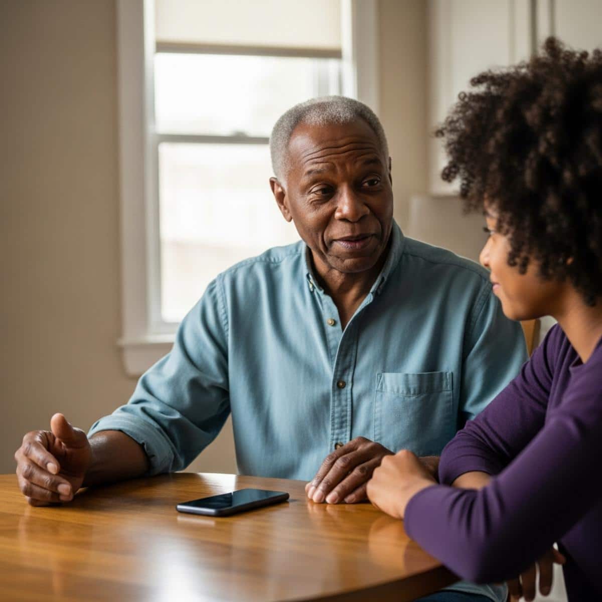 Older man sitting across a kitchen table from a young adult grandchild in attentive conversation with phone face-down between them, waist-up centered view