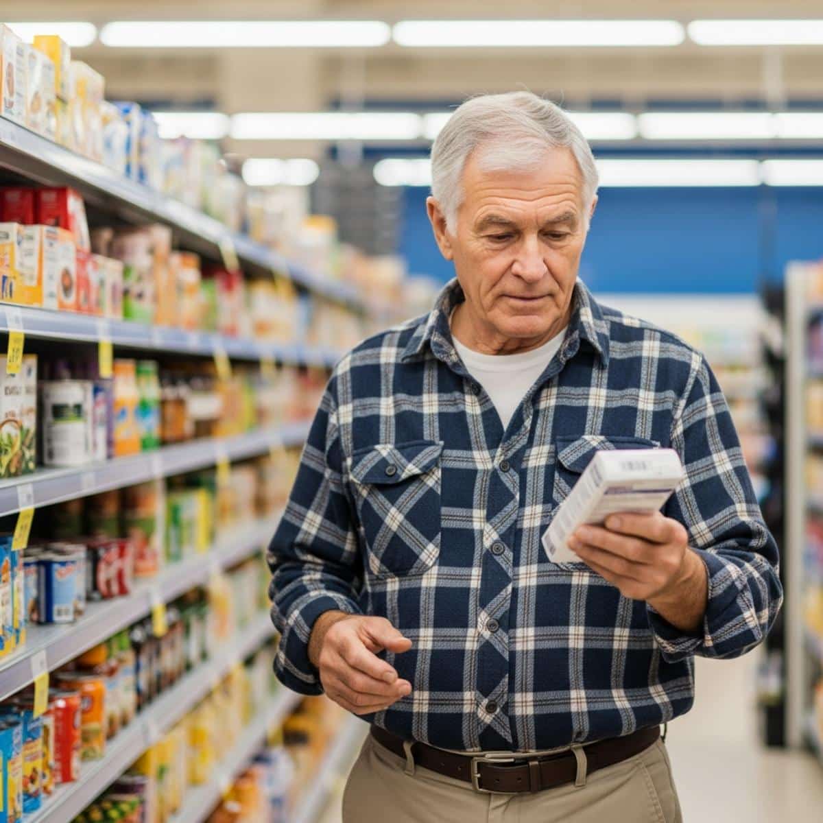 Older man standing in a grocery store aisle examining a product with focused expression, waist-up centered view