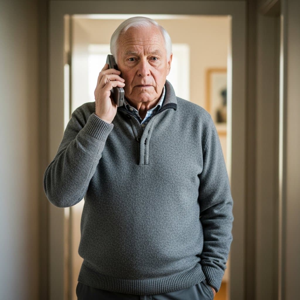 Older man standing in a hallway holding a cordless phone away from his ear with a cautious unimpressed expression, waist-up centered view
