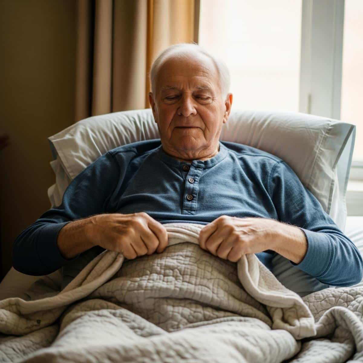 Older man pulling a lightweight cotton throw across his lap while resting against pillows on a bed with layered blankets, waist-up centered view