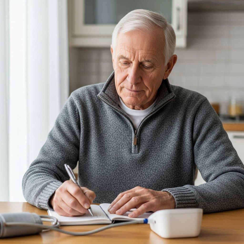 Older man in a pullover sitting at a kitchen table writing in a notebook beside a blood pressure monitor with a calm focused expression, waist-up centered view
