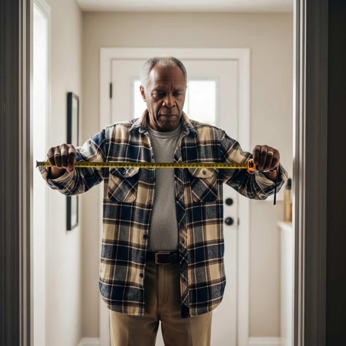 Older man holding a tape measure stretched across an interior doorway, checking clearance width, waist-up centered view