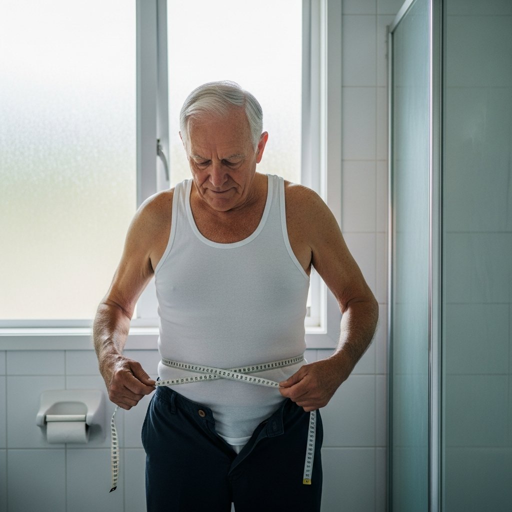 Older man standing in a bathroom holding a soft tape measure around his waist above the hip bone with a calm focused expression, full-body centered view