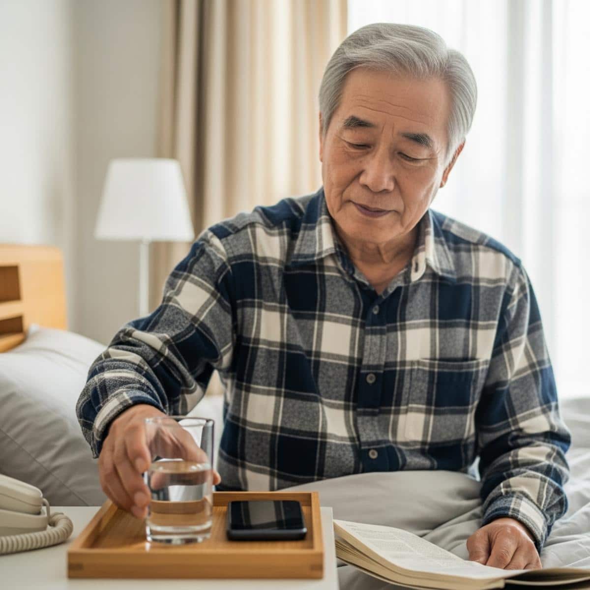 Older man placing a glass of water on an organized nightstand tray with phone and book within arm's reach, waist-up centered view