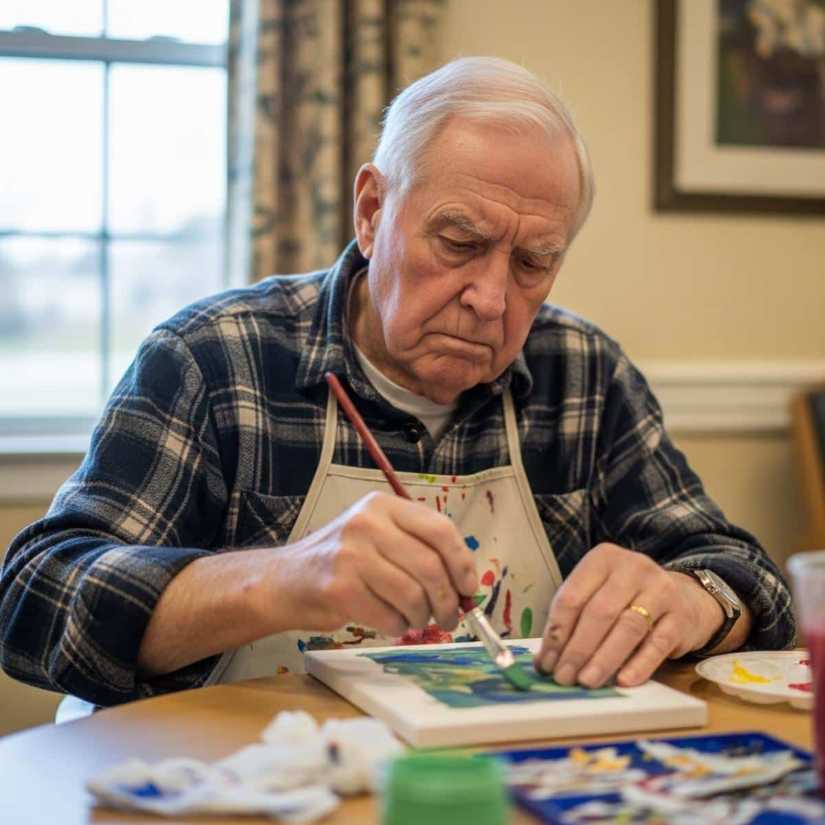 Older man with paint-smudged apron pressing a brush to a small canvas at an activity room table, waist-up centered view