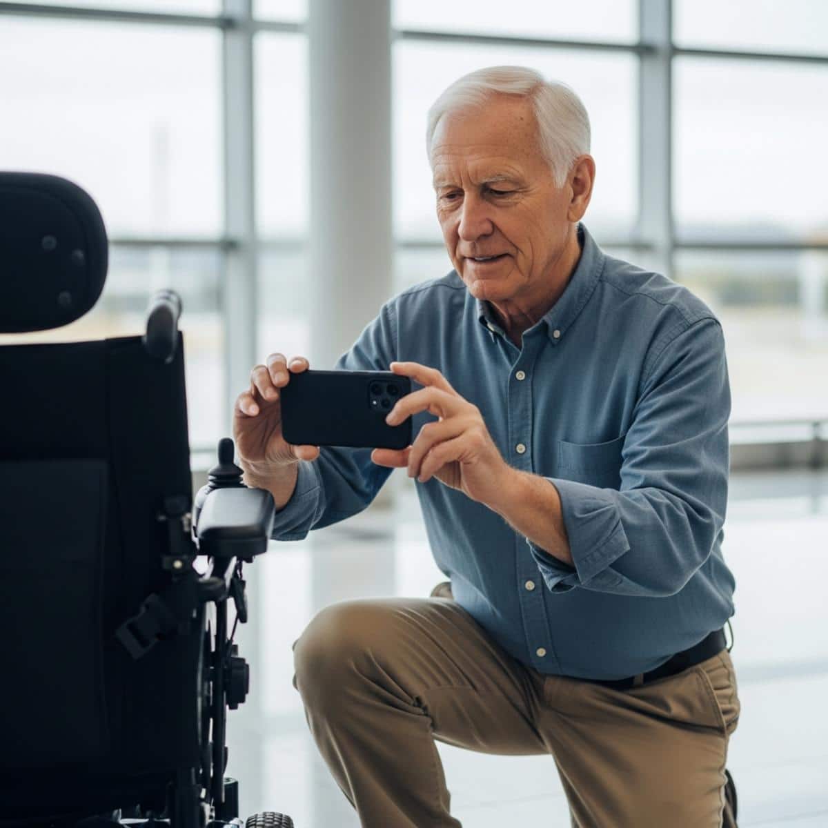 Older man photographing his power wheelchair with a smartphone before a flight inside an airport terminal, waist-up centered view with wheelchair visible in foreground