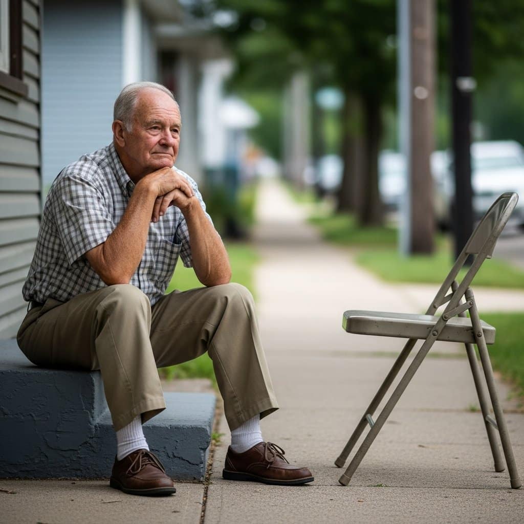 Older man sitting alone on a front porch step in summer heat, elbows on knees gazing down an empty sidewalk, an empty chair beside him, full-body centered view