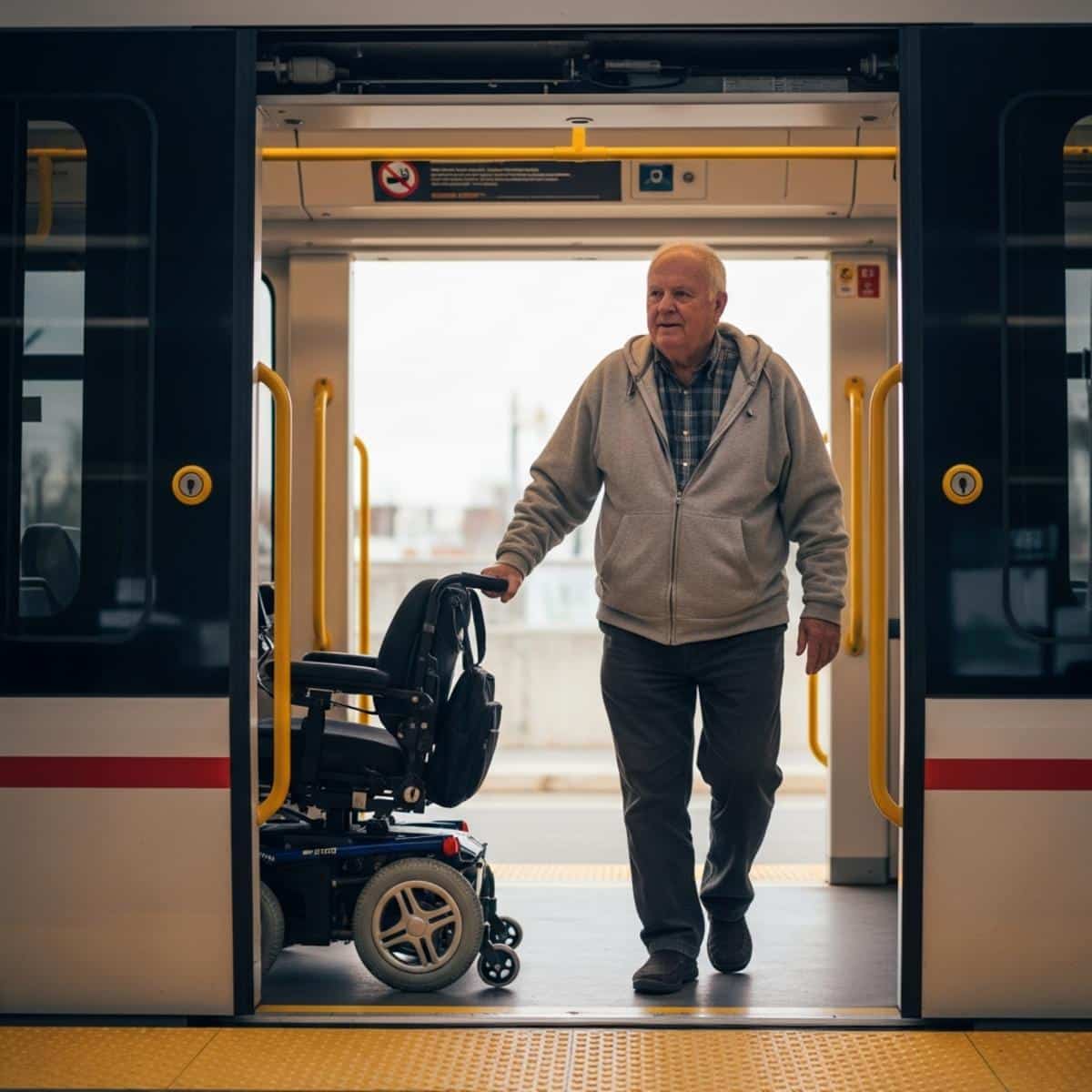 Older man in a power wheelchair boarding a light rail car through a wide accessible door at a transit platform, full-body centered view