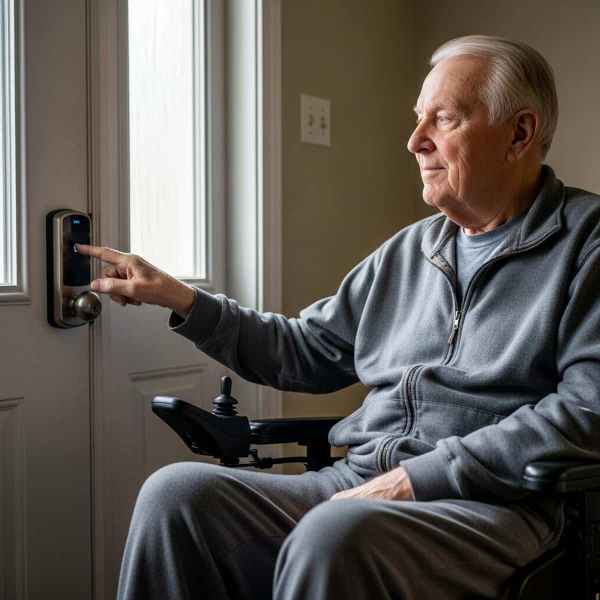 Older man in a power wheelchair pressing a wall-mounted keypad beside a front door, waist-up centered view