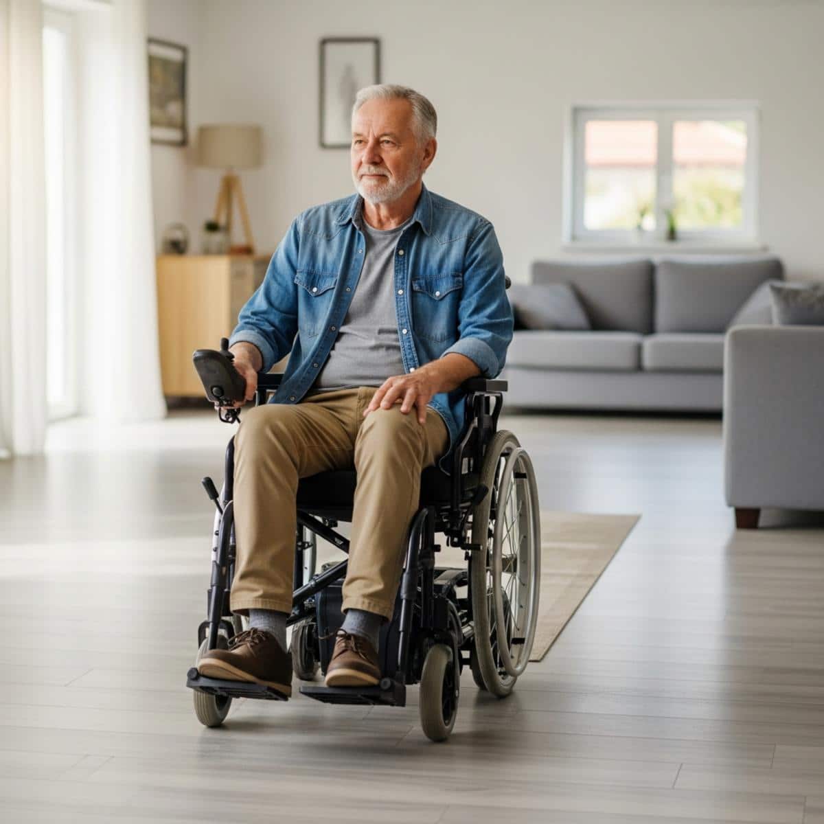 Older man in a power wheelchair making a smooth turn through an open living room with cleared pathways, full-body centered view