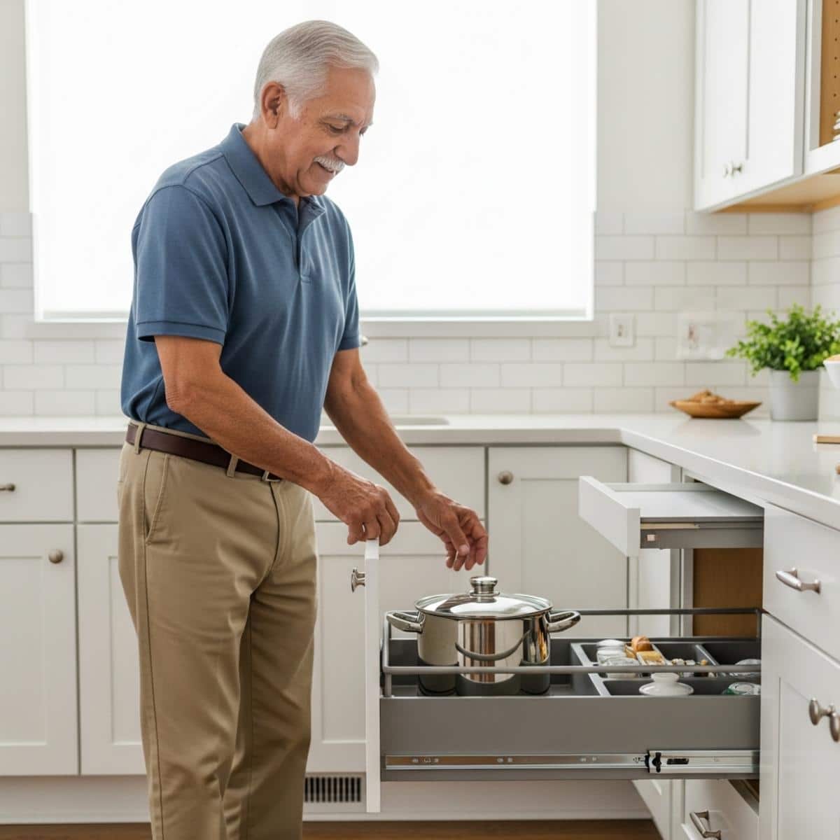 Older man pulling out a smooth-gliding drawer organizer from a low kitchen cabinet with a stockpot at the front, full-body centered view