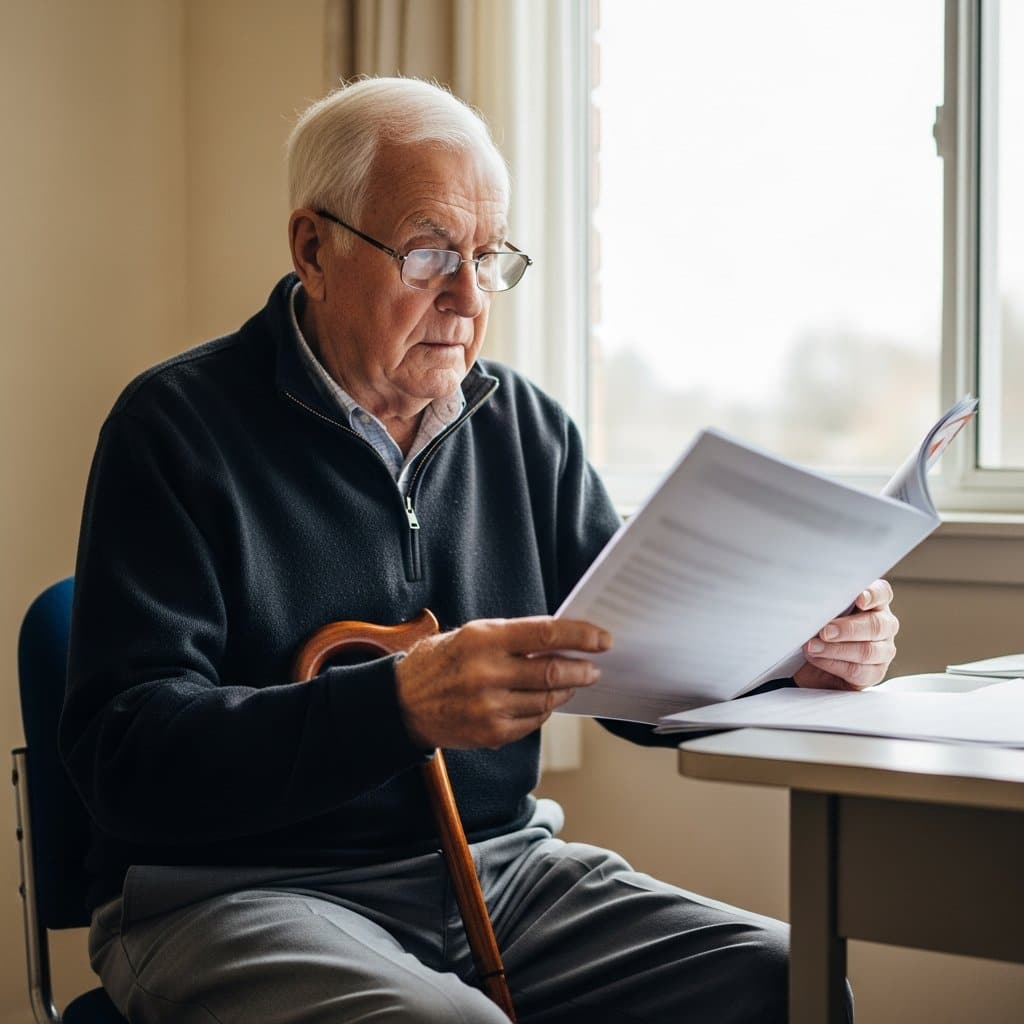 Older man with a cane propped beside him holding a blurred document open at a small desk, focused expression, waist-up centered view