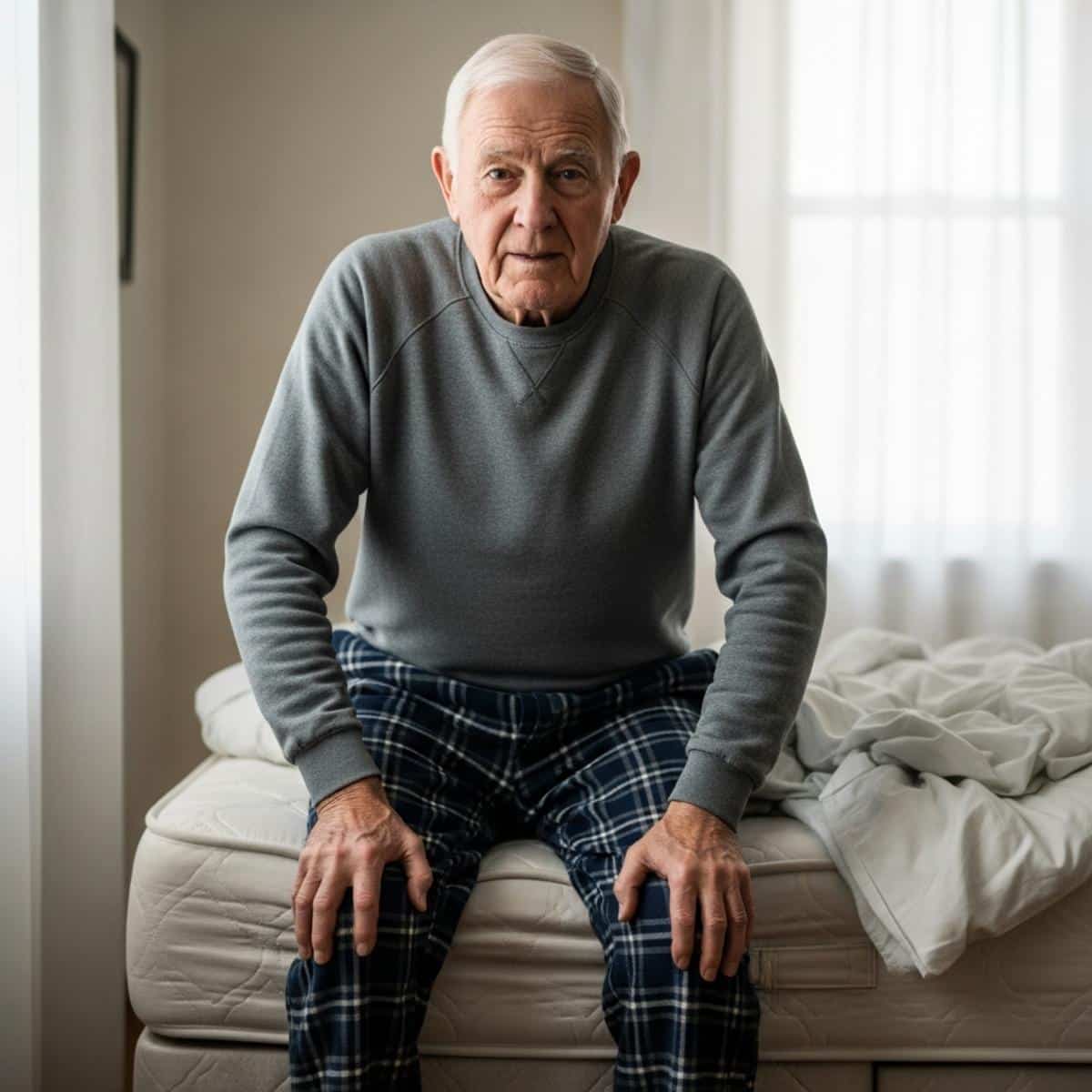 Older man pressing hands on knees rising carefully from the edge of his bed, full-body centered view