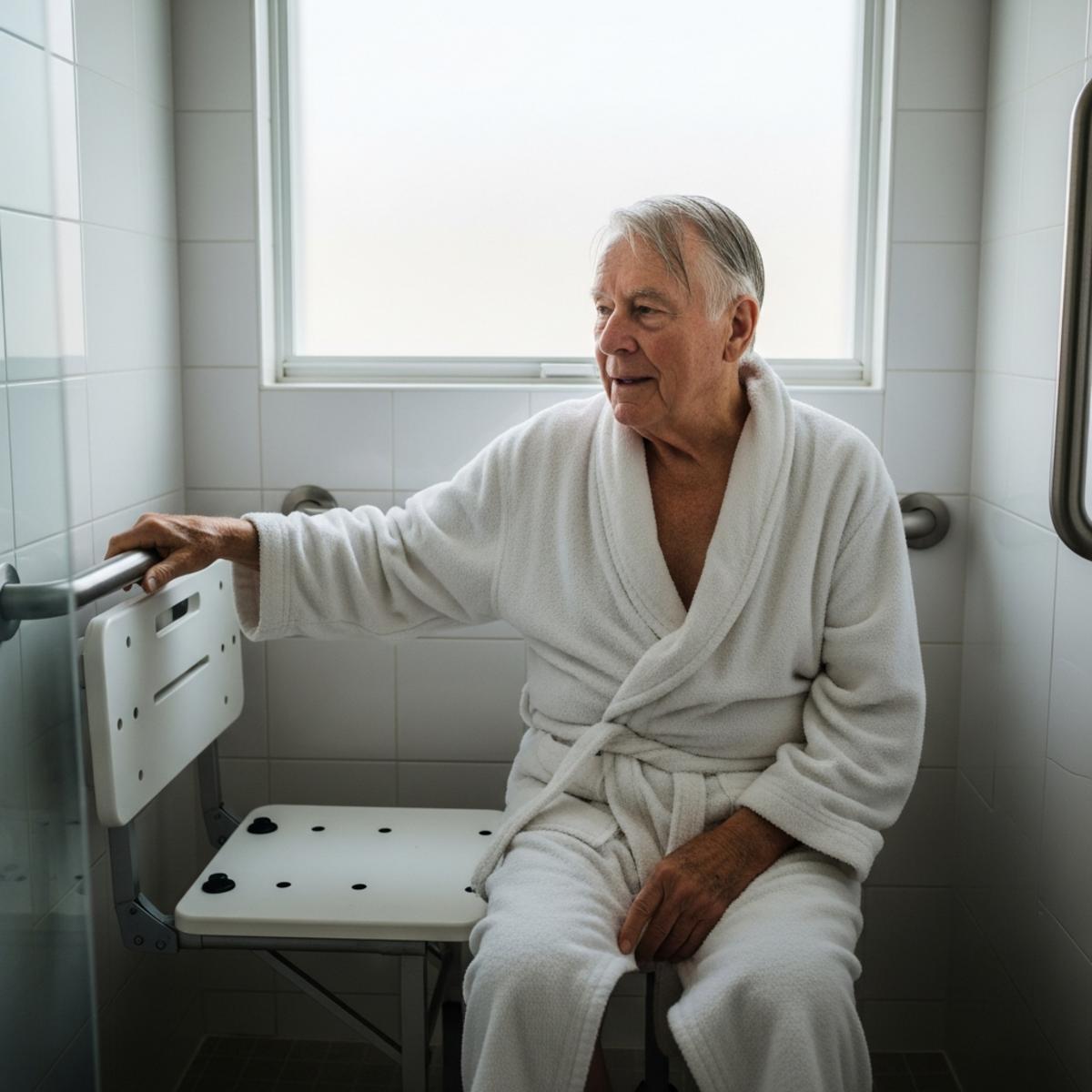 Older man seated on a fold-down bench inside a curbless roll-in shower with a grab bar, waist-up centered view