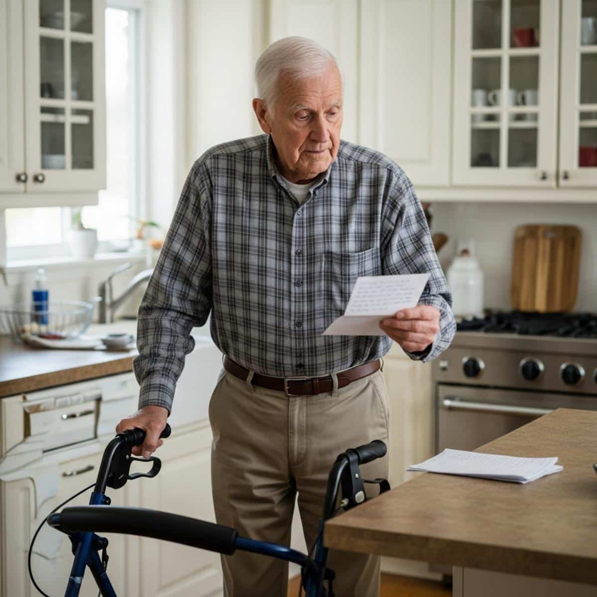 Older man standing beside a rollator walker in a kitchen holding a handwritten note at chest height with a purposeful expression, full-body centered view